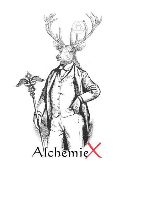 AlchemieX Logo mit Hirschmotiv und rotem X